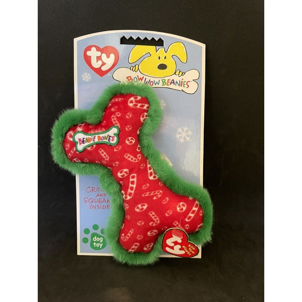 TY Bow Wow Beanies - CANDY CANE Bone (Red w/ Candy Print & Green Trim) Dog Toy